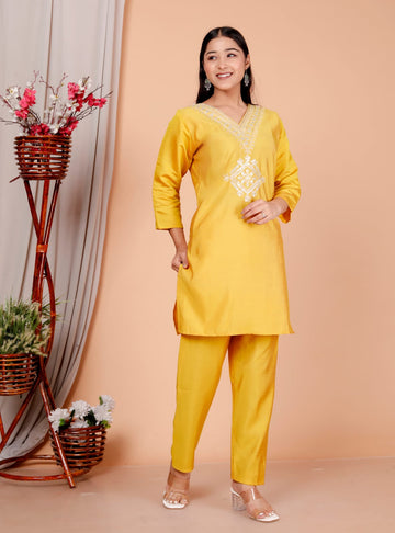 Yellow Roman Silk Women Embroidered Straight Kurti Pant Set