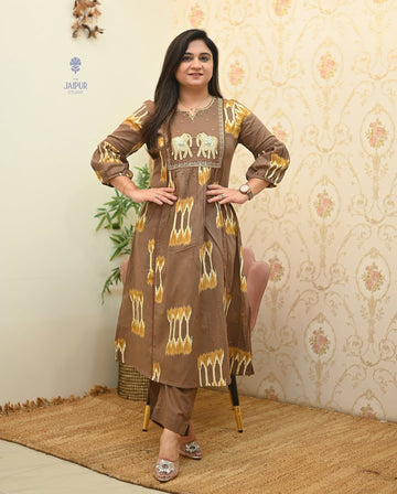 Hand-Embroidered Cotton A-Line Pant Set – Elephant Motif - Brown