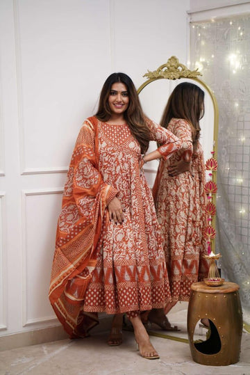 Sanganeri Print Anarkali Kurta Set with Adda Embroidery Work