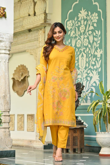 Cotton Hand Worked Kurta Set with Pant & Dupatta For Women's
