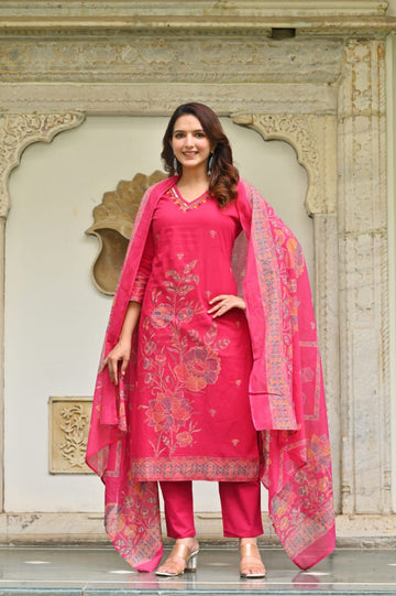 Cotton Hand Worked Kurta Set with Pant & Dupatta For Women's