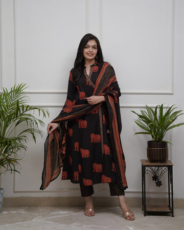 Angrakha Style Cotton Kurta Pant & Dupatta Set