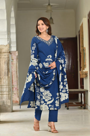 Blue Abstract Summer Cotton Kurta Set with Floral Print & Handwork on Neck
