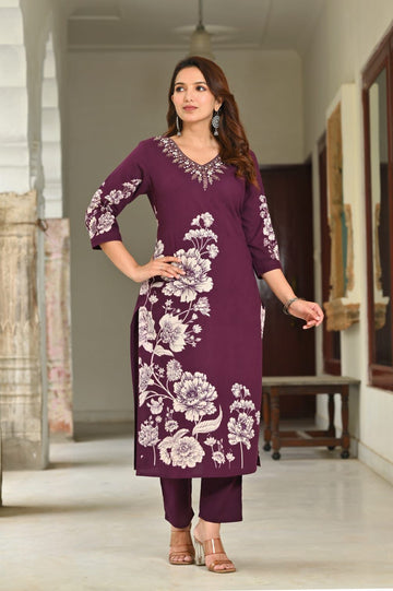 Purple Abstract Summer Cotton Kurta Set with Floral Print & Handwork on Neck