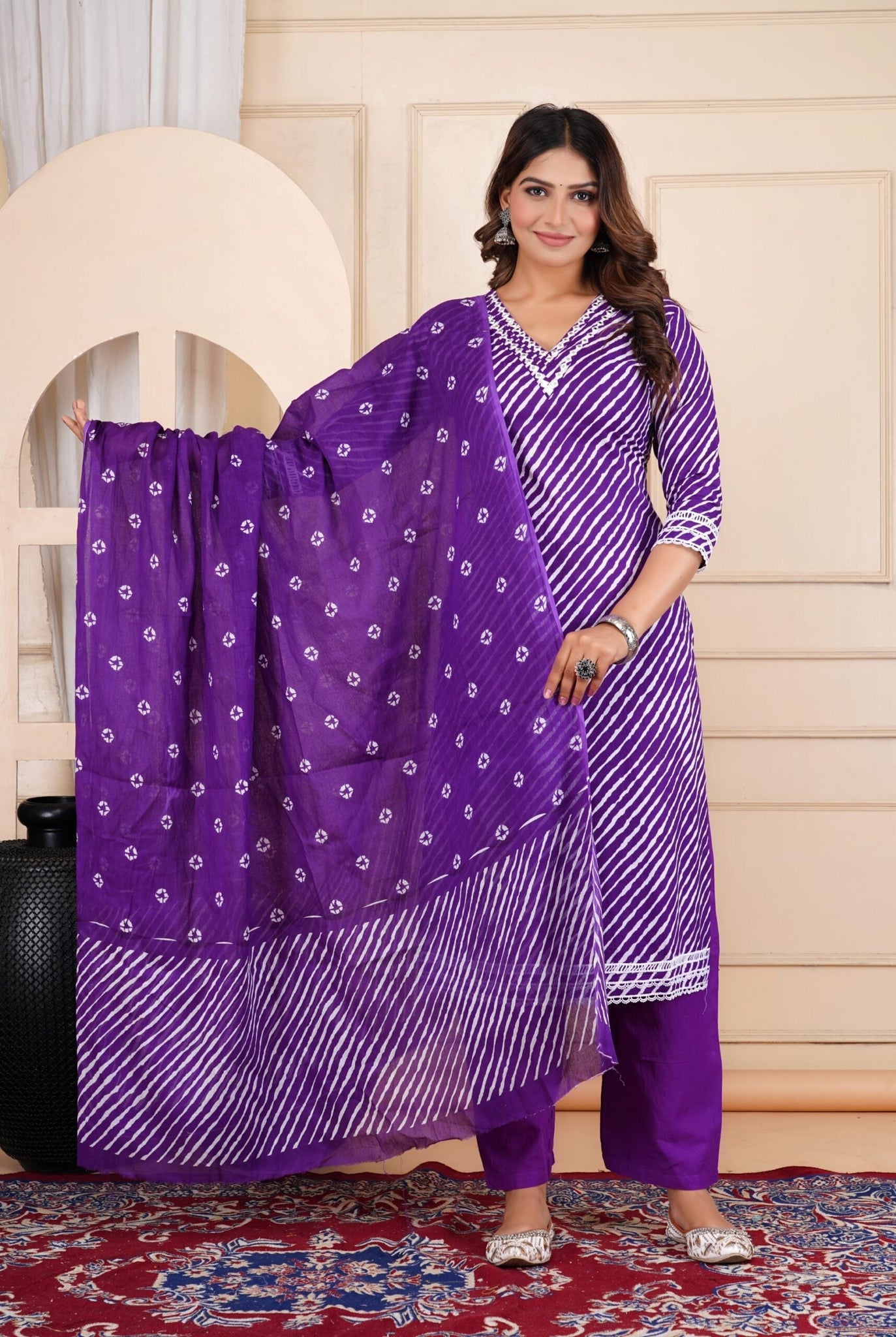 Leheriya 3/4 Sleeve Purple Color Pure Cotton Kurti