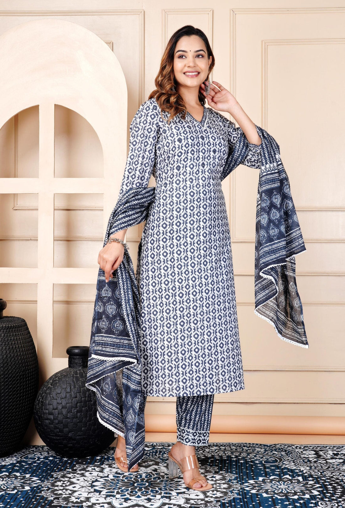 Floral Print 3/4 Sleeve Blue Color Pure Cotton Kurti