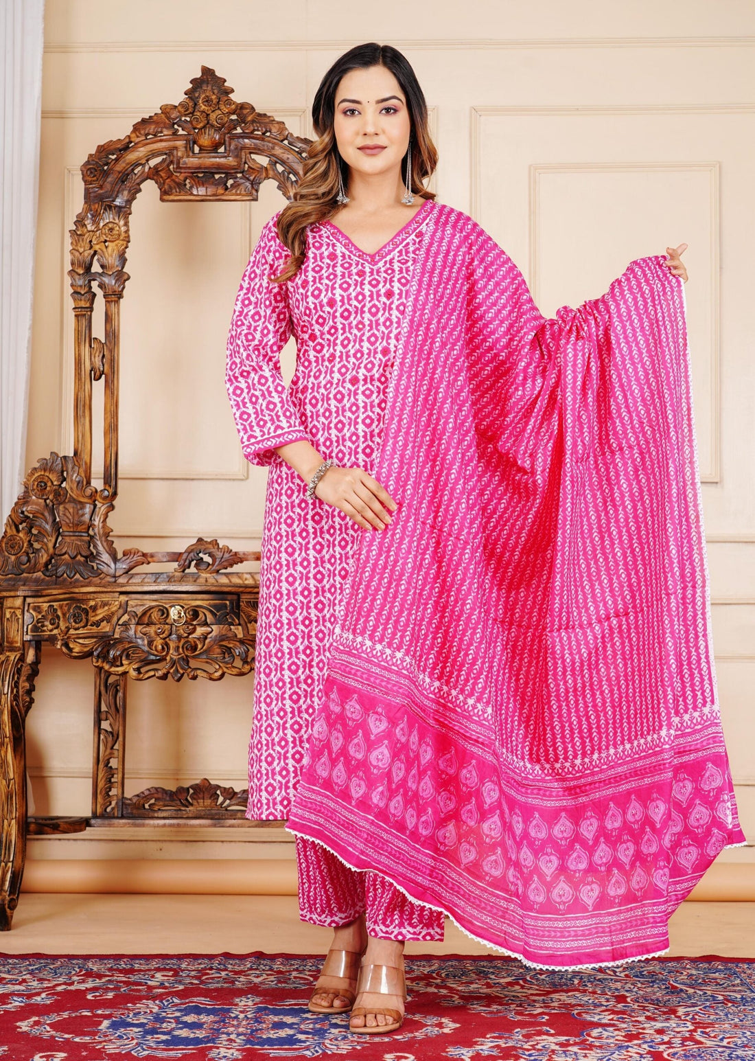 Floral Print 3/4 Sleeve Pink Color Pure Cotton Kurti