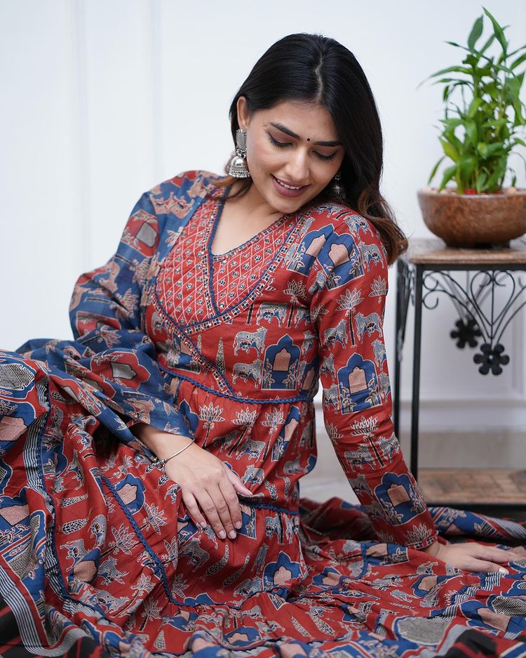 Printed Long gown Kurti With Pant And Dupatta