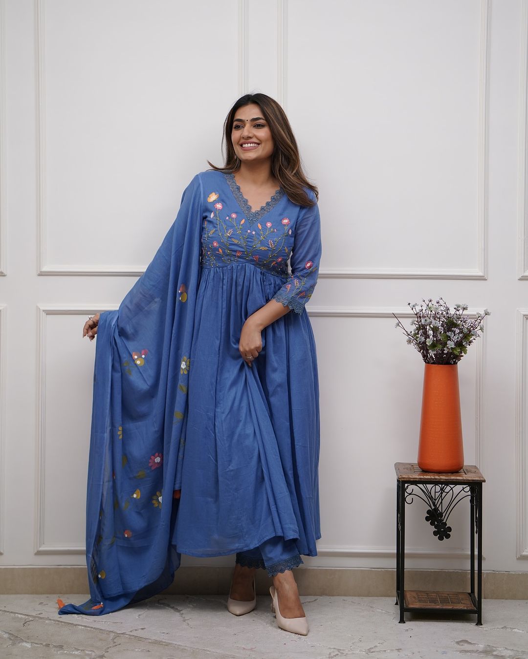 Blue Cotton Flared Women SuitBlue Cotton Flared Women Suit