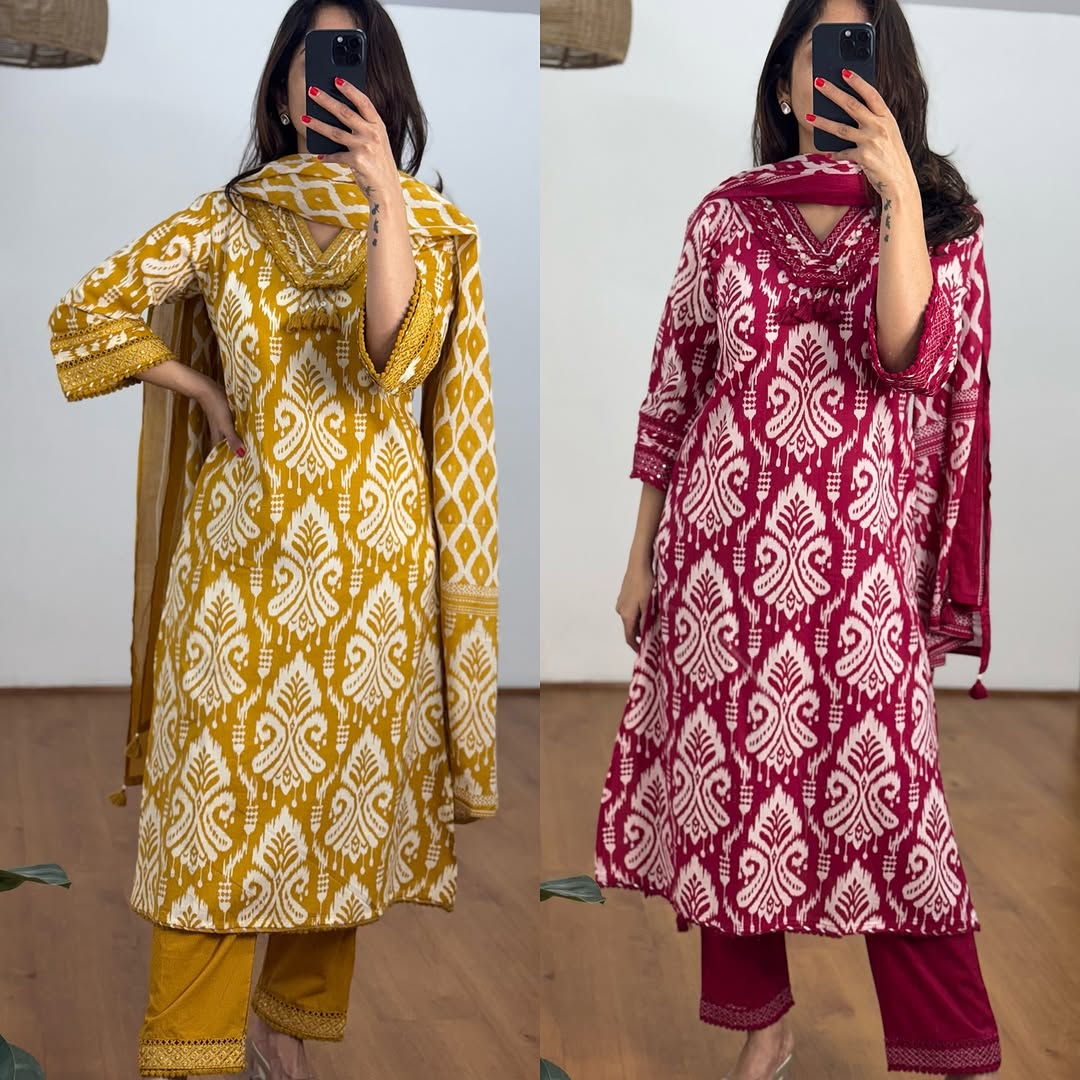 Elegant Cotton Printed Suit Set with Dupatta – Mustard Yellow & Maroon Variants