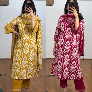 Elegant Cotton Printed Suit Set with Dupatta – Mustard Yellow & Maroon Variants