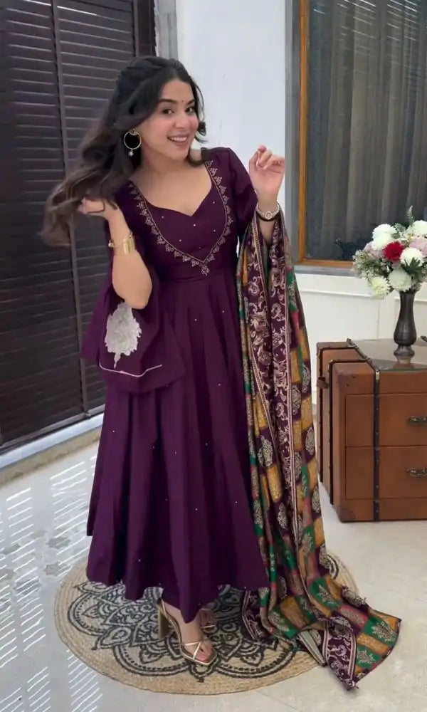 Peaceful Purple Color Chinnon Silk Embroidery Work Salwar Suit