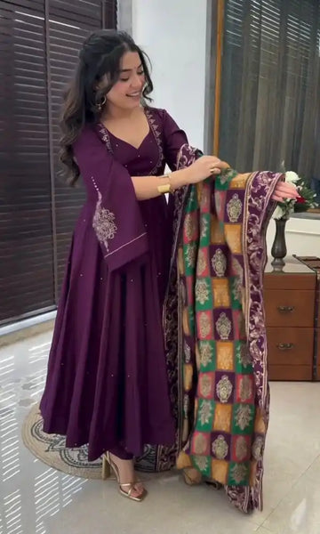 Peaceful Purple Color Chinnon Silk Embroidery Work Salwar Suit