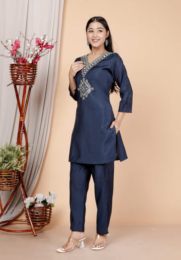 Navy Blue Roman Silk Women Embroidered Straight Kurti Pant Set