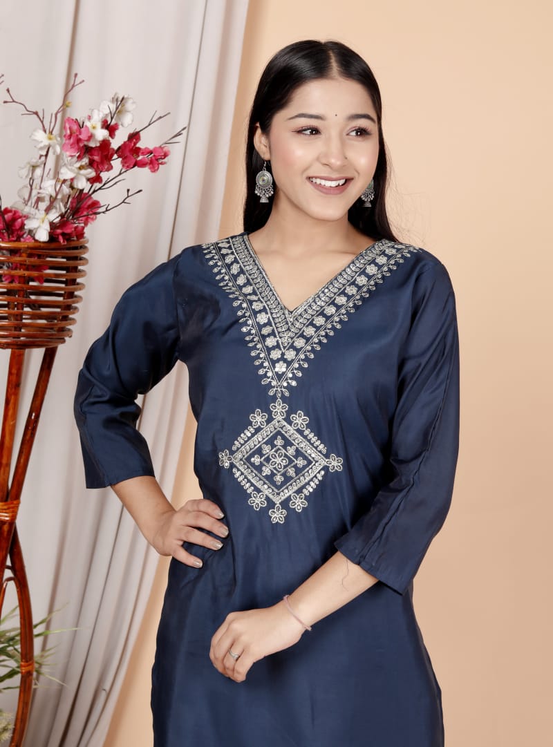 Navy Blue Roman Silk Women Embroidered Straight Kurti Pant Set