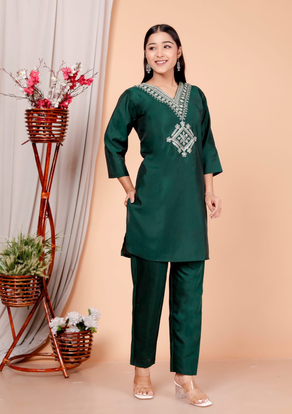 Bottle Green Roman Silk Women Embroidered Straight Kurti Pant Set