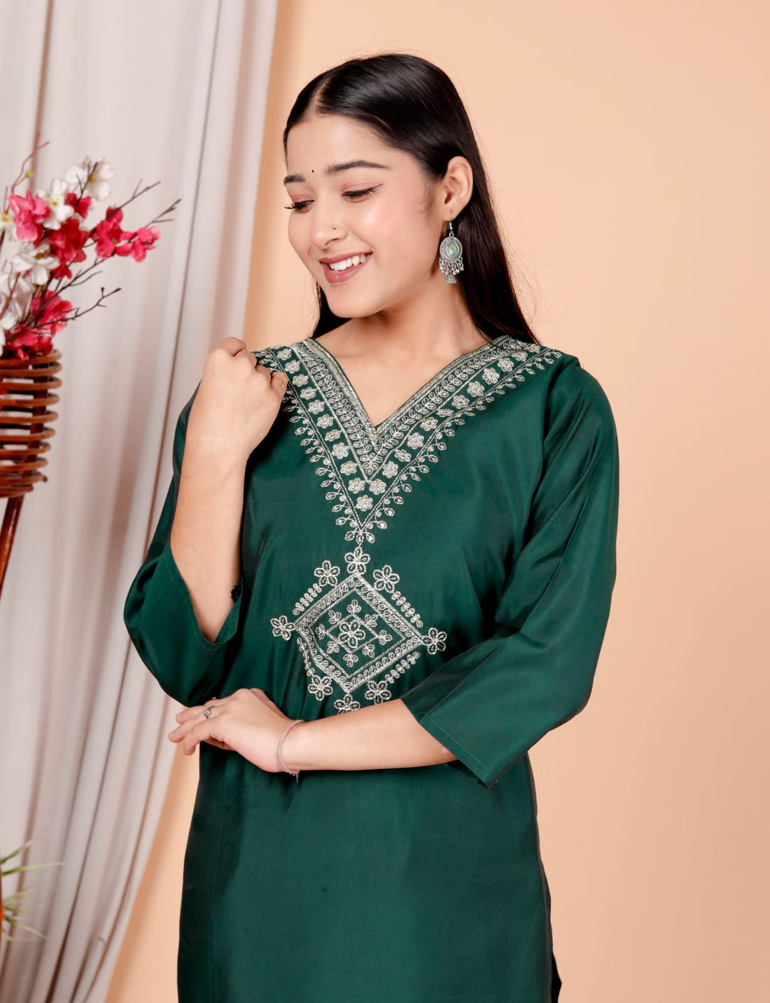 Bottle Green Roman Silk Women Embroidered Straight Kurti Pant Set