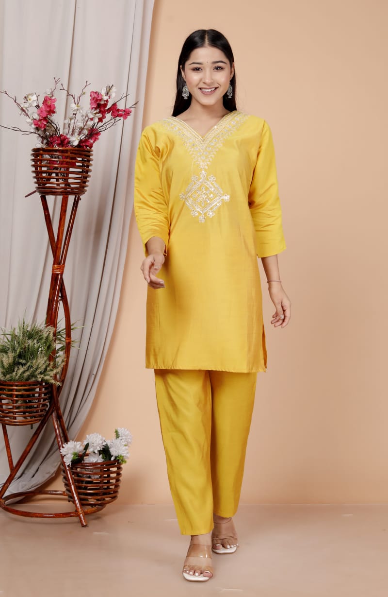 Yellow Roman Silk Women Embroidered Straight Kurti Pant Set