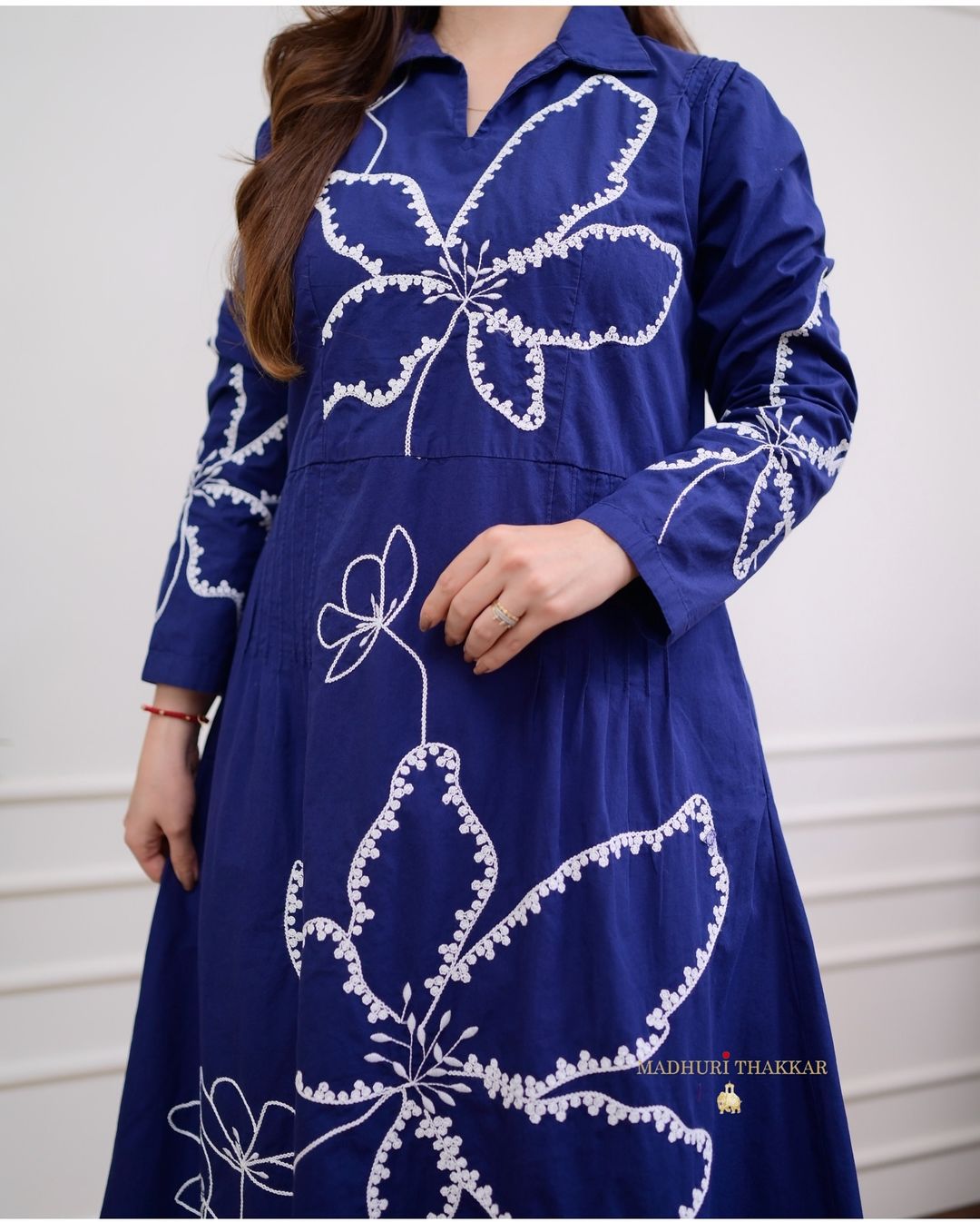 Navy Blue Thread Embroidered Cotton Dress