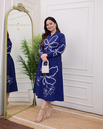 Navy Blue Thread Embroidered Cotton Dress