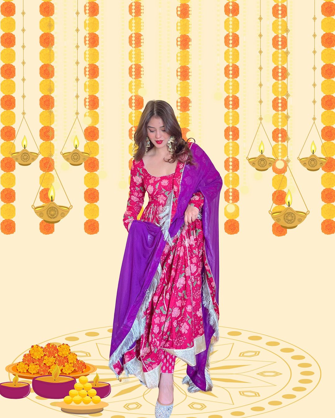 Rani pink Anarkali set with contrasting Purple dupatta