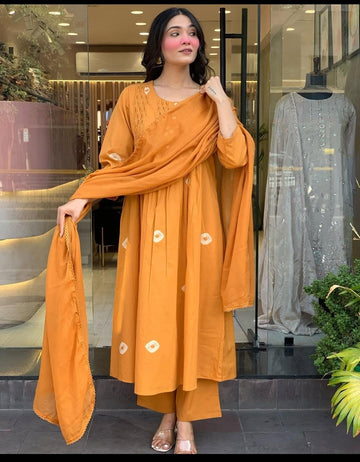 Pintex Style Cotton Kurta Pant Dupatta Set