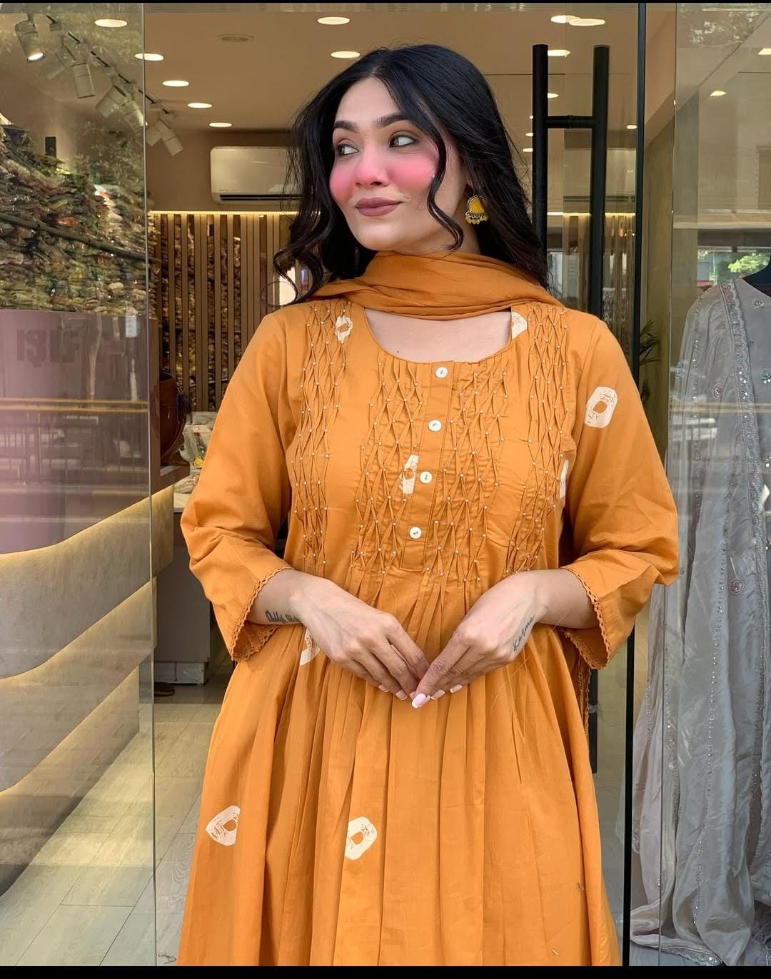 Pintex Style Cotton Kurta Pant Dupatta Set