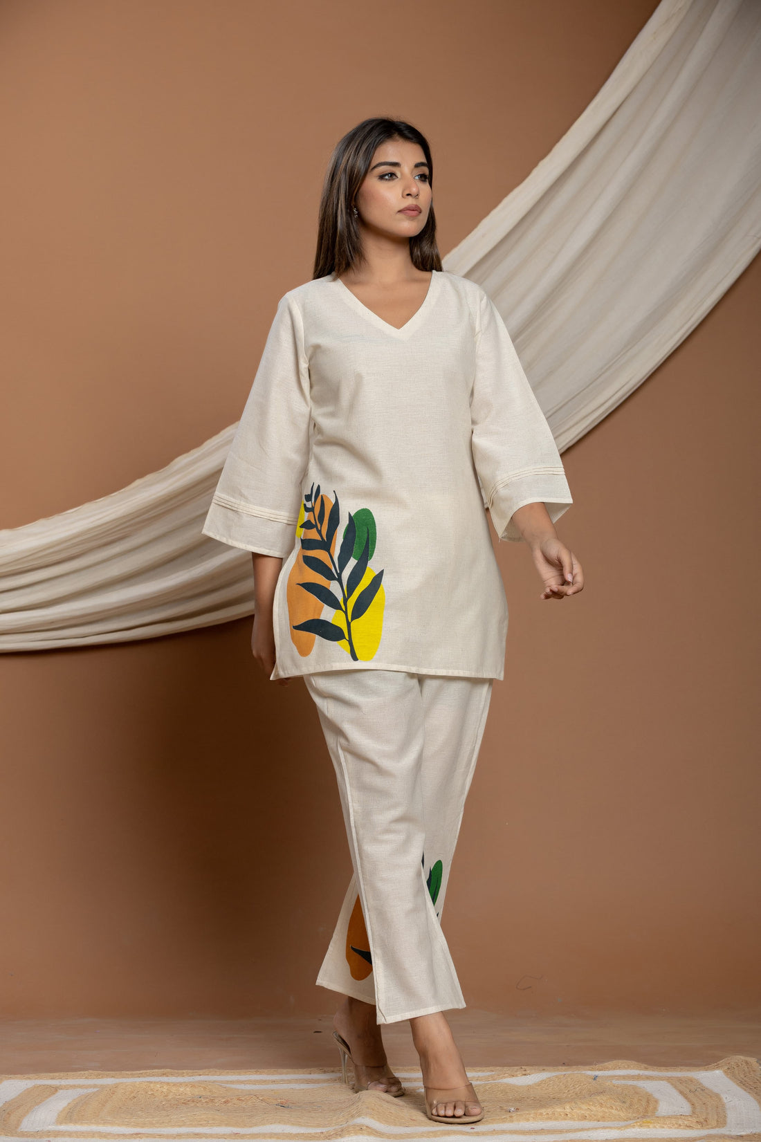 White Cotton Co-ord Set with Floral Print – Straight Kurta & Wide-Leg Pants