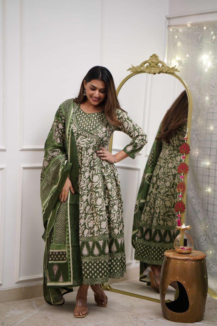 Rayon Printed Angrakha Style Kurta Pant & Dupatta Set with Handwork On Neck for Women's