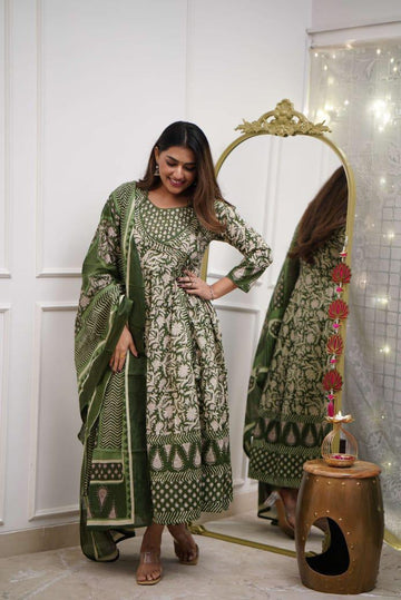 Rayon Printed Angrakha Style Kurta Pant & Dupatta Set with Handwork On Neck for Women's