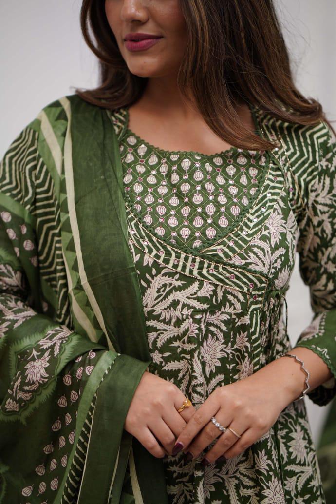Rayon Printed Angrakha Style Kurta Pant & Dupatta Set with Handwork On Neck for Women's