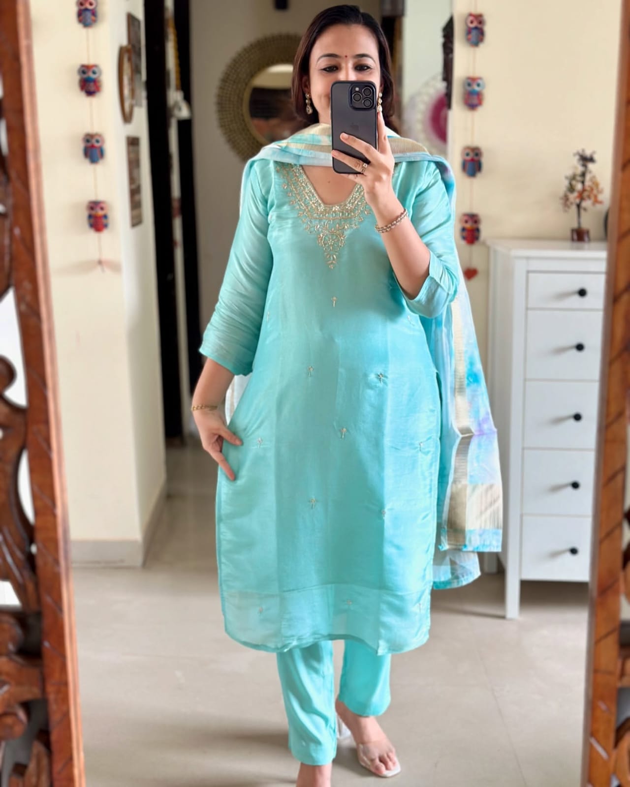 Abstract Modal Silk 3-Piece Set – Handwork Kurta, Dupatta & Pants