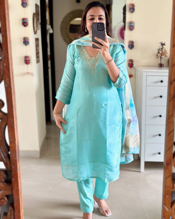 Abstract Modal Silk 3-Piece Set – Handwork Kurta, Dupatta & Pants