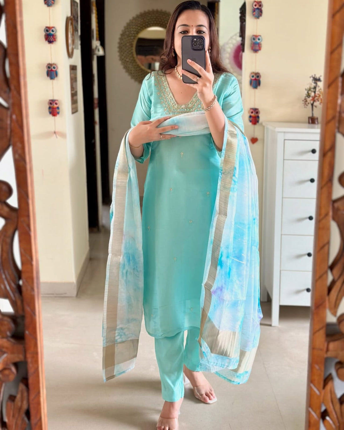Abstract Modal Silk 3-Piece Set – Handwork Kurta, Dupatta & Pants