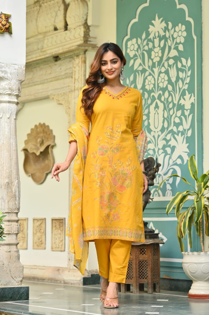 Cotton Hand Worked Kurta Set with Pant & Dupatta For Women's