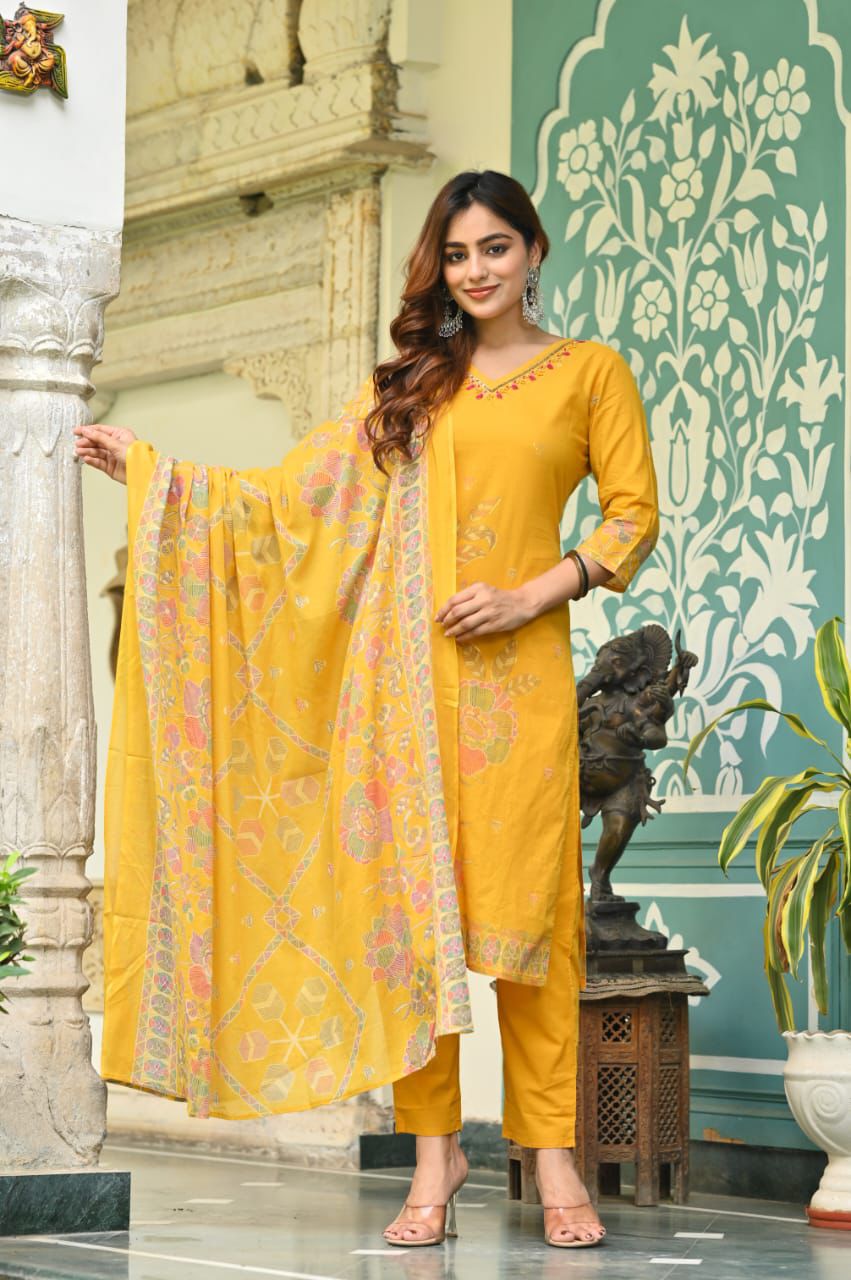 Cotton Hand Worked Kurta Set with Pant & Dupatta For Women's
