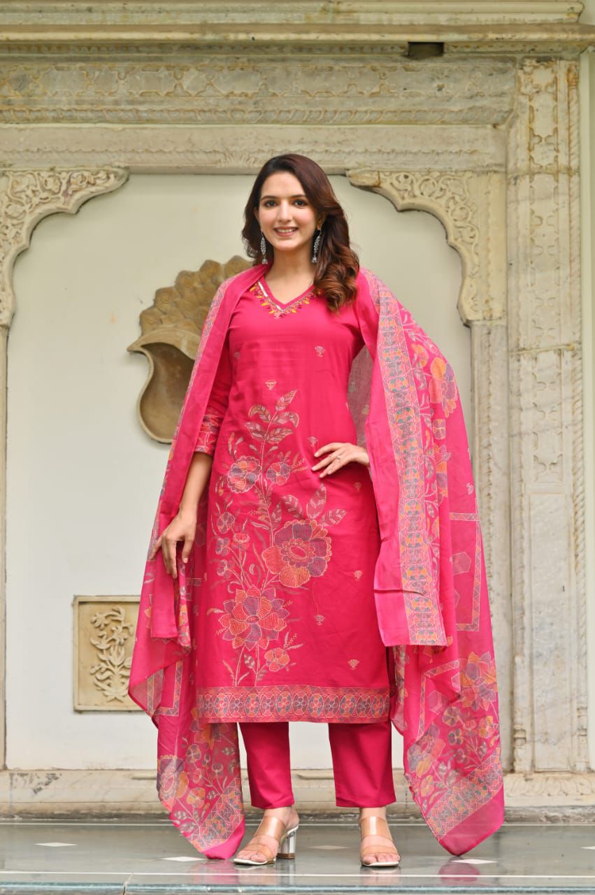 Cotton Hand Worked Kurta Set with Pant & Dupatta For Women's