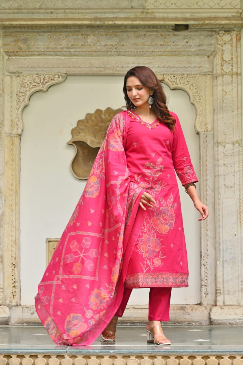 Cotton Hand Worked Kurta Set with Pant & Dupatta For Women's