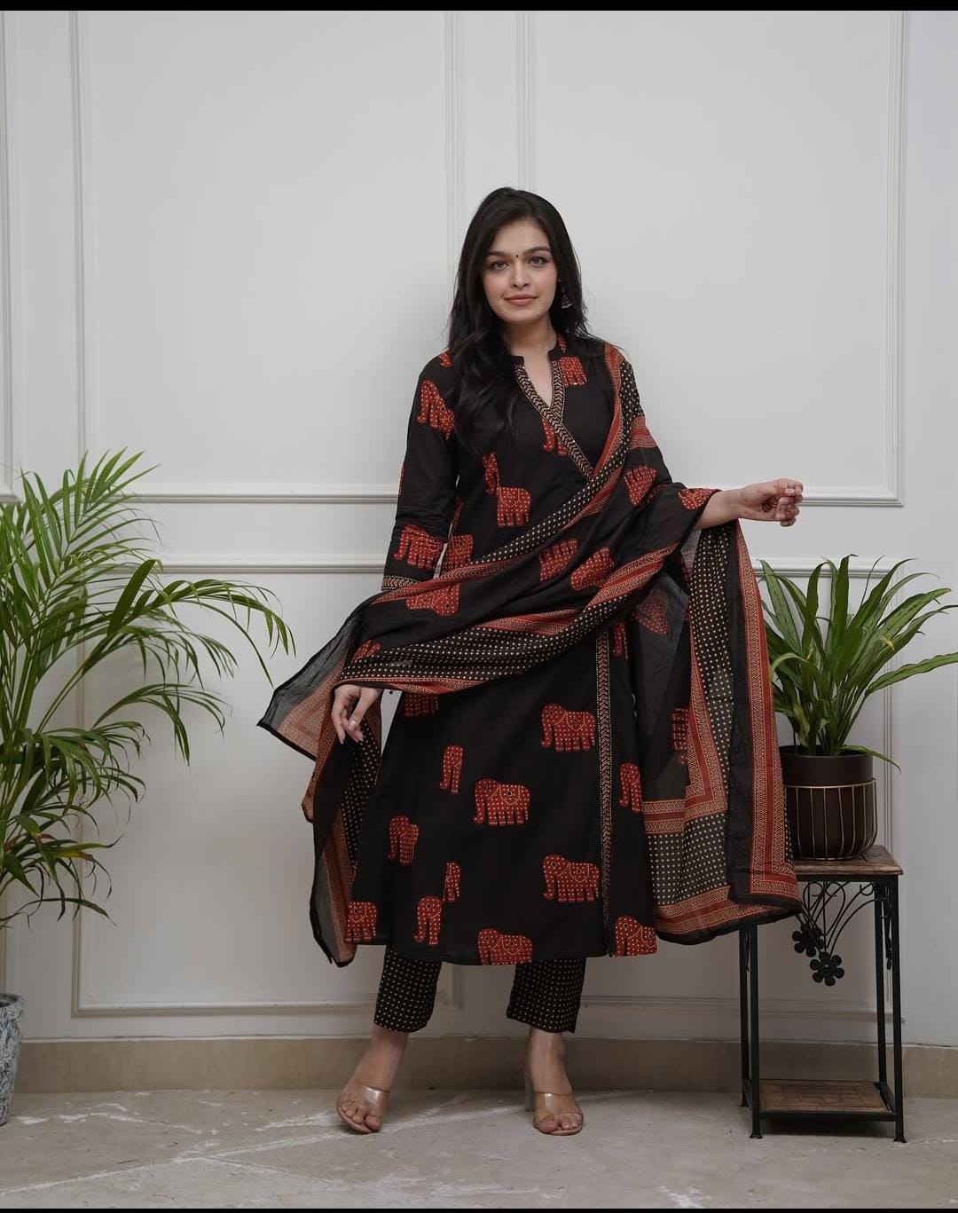 Black Abstract Summer Cotton Kurta Set with Floral Print & Side Slit Dupatta