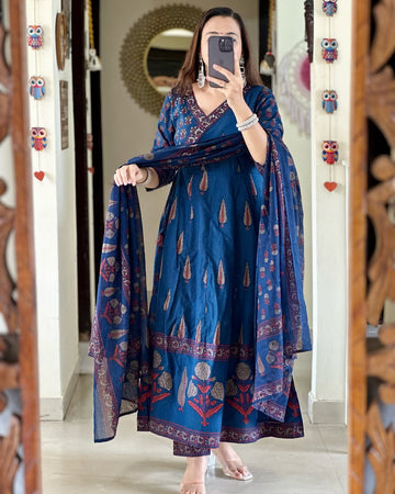 Blue Heavy Anarkali Angrakha 3pcs Kurti Set with Sequins & Katli Handwork