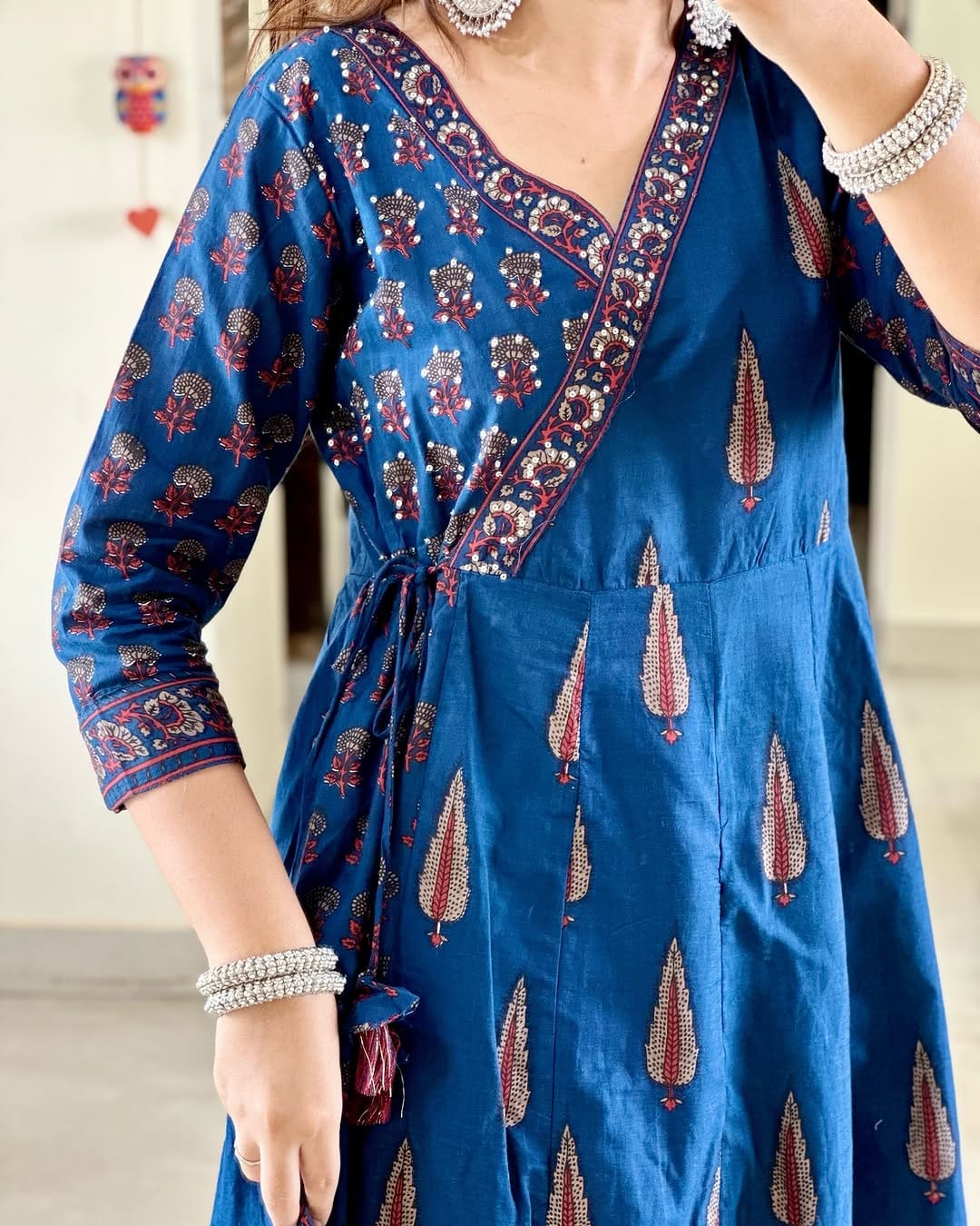 Blue Heavy Anarkali Angrakha 3pcs Kurti Set with Sequins & Katli Handwork