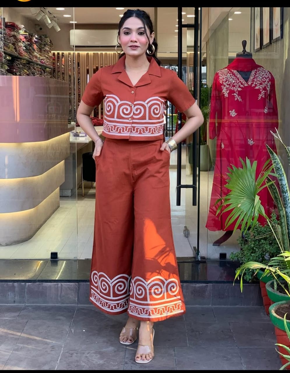 Brown A-Line Coord Set Kurti with Jaipur Print & Border Embroidery