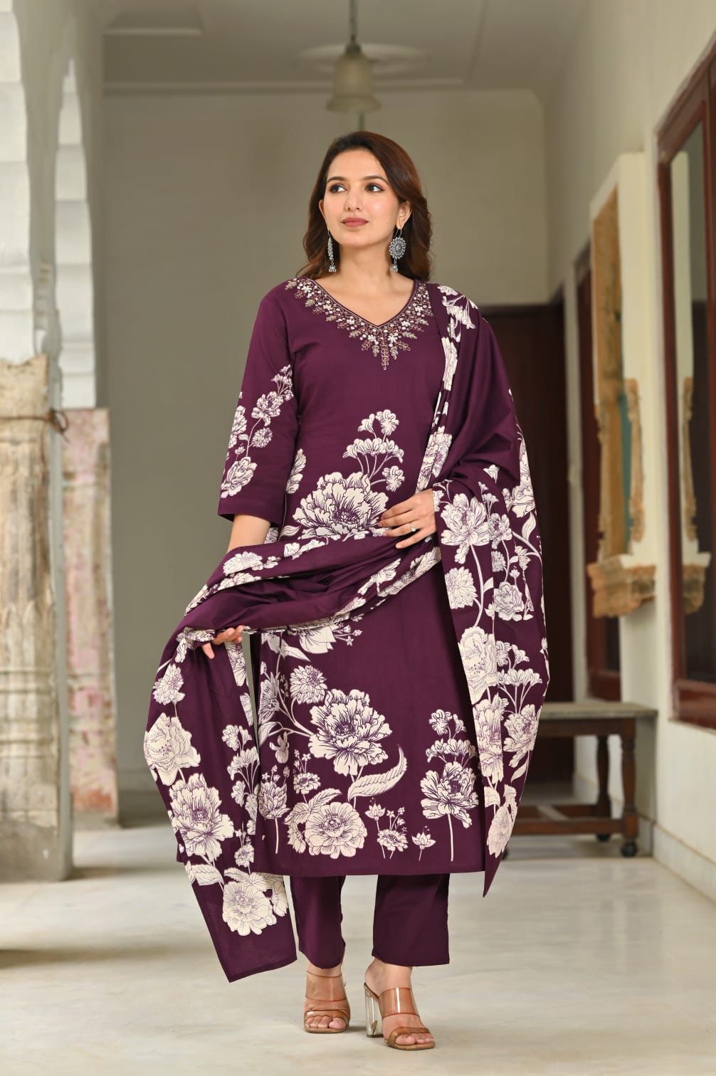 Purple Abstract Summer Cotton Kurta Set with Floral Print & Handwork on Neck
