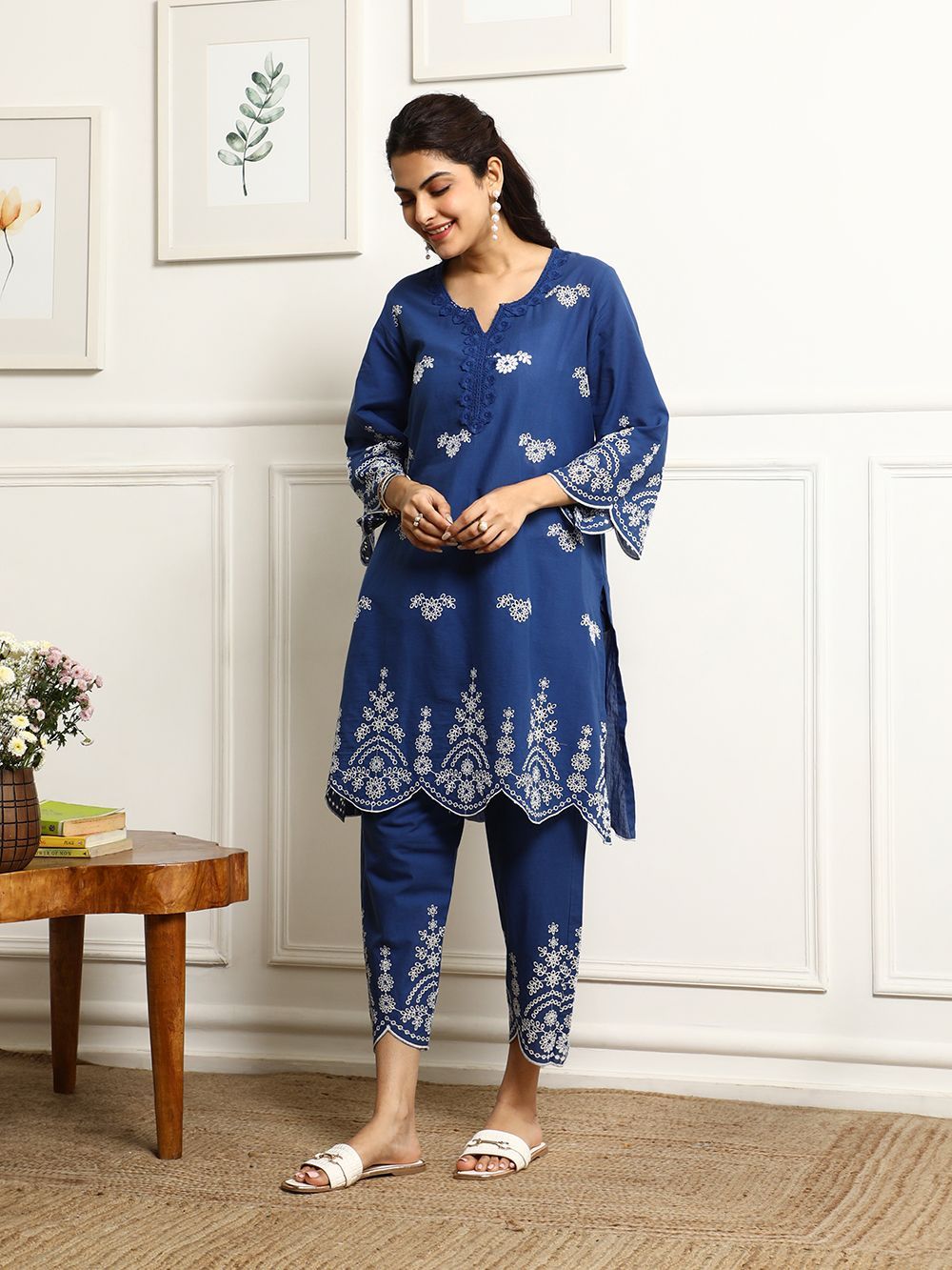 Blue Embroidered Cotton Kurta with Pants  Set of 2