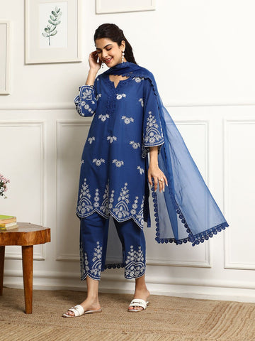 Blue Embroidered Cotton Kurta with Pants  Set of 2